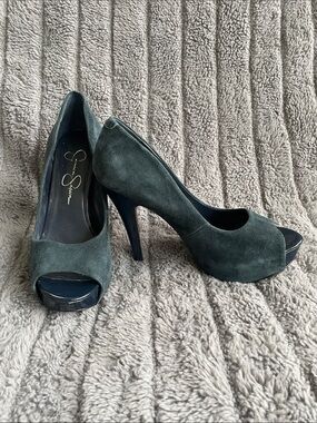 Jessica Simpson Dark Teal Suede Peep-Toe Heels